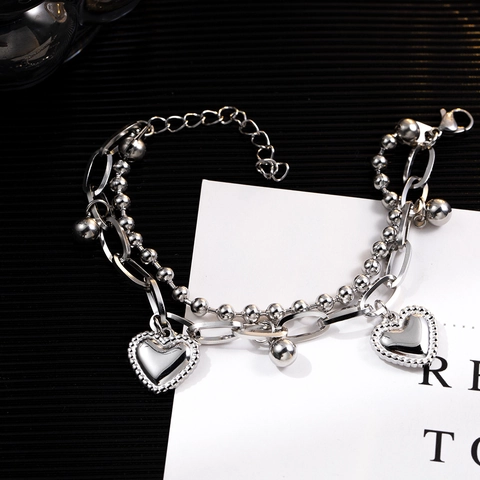 Bracciale A Doppio Strato Con Ciondolo A Cuore Acciaio Al Titanio Perle Tonde Catena Regolabile Stile Hip Hop Per Donne
