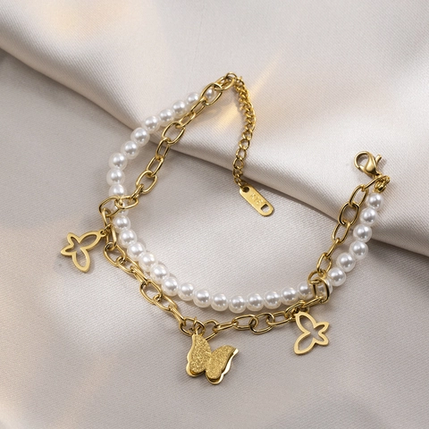 Fashion Layered Titanium Steel Bracelet With Artificial Pearl Chain Double Layer Butterfly Pendant Link Bracelet For Women Men Unisex Charm Wrist Band Jewelry Gift