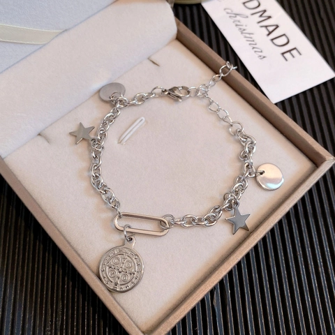 Bracciale Con Ciondoli In Acciaio Inossidabile Vintage Stella Disco Tondo Medaglia San Benedetto Moneta Religiosa Gioielli Retro Donna