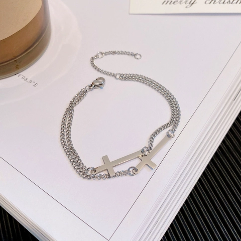 Minimalistisches Doppelschichtiges Kreuz Armband Aus Edelstahl Verstellbare Kette Schmuck Für Damen Herren
