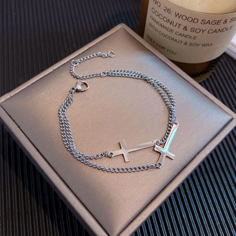 Minimalistisches Doppelschichtiges Kreuz Armband Aus Edelstahl Verstellbare Kette Schmuck Für Damen Herren