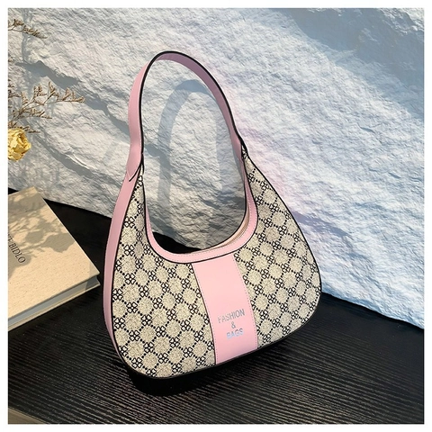 Bolso Hobo Para Axila Cuero PU Y Tela Jacquard Patrón Vintage Color En Contraste Moda Estilo Retro Chic Para Mujeres