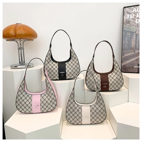 Bolso Hobo Para Axila Cuero PU Y Tela Jacquard Patrón Vintage Color En Contraste Moda Estilo Retro Chic Para Mujeres