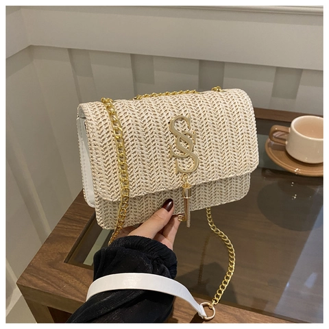 Woven Straw Shoulder Bag With Chain Strap Metal Tassel Small Square Crossbody Bag For Women Summer Beach Vacation