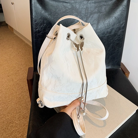Wrinkled PU Leather Bucket Bag Drawstring Shoulder Backpack With Butterfly Buckle And Artificial Pearl Charms For Women