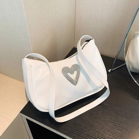 Women PU Leather Shoulder Armpit Bag Trendy Heart Rhinestone Buckle Hobo Bag Solid Color Urban Simple Party Purse
