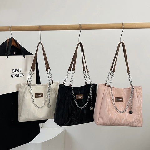 Borsa Tote Plissettata di Grande Capacità da Donna Borsa a Tracolla Vintage in Pelle PU Con Catena in Argento Moda Pendolari