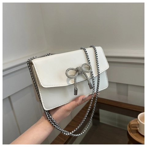 Women Shoulder Bag PU Leather Rhinestone Bow Small Square Flip Top Chain Strap Elegant Commuter Fashion Crossbody