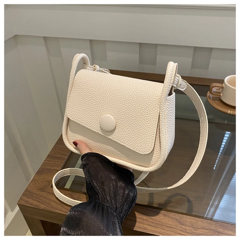 Pebbled PU Leather Crossbody Bag For Women Minimalist Solid Color Round Button Flap Shoulder Purse