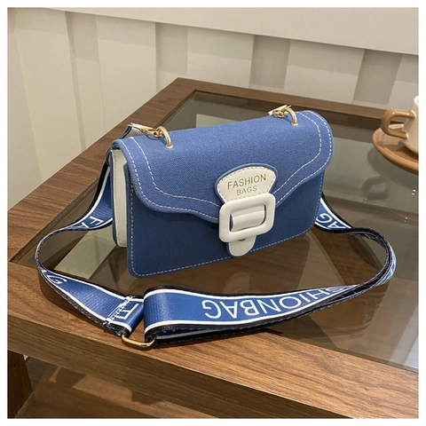 Women Crossbody Shoulder Bag PU Leather Canvas Small Square Flap Handbag Wide Letter Print Strap Chic Urban Casual
