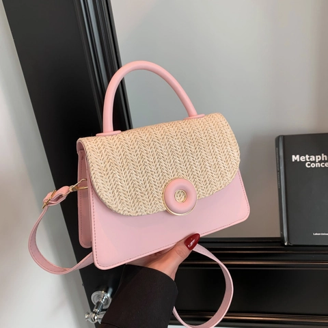 Borsa a Tracolla da Donna in Paglia Intrecciata Con Patta a Fibbia Circolare Manico Superiore Tracolla Regolabile