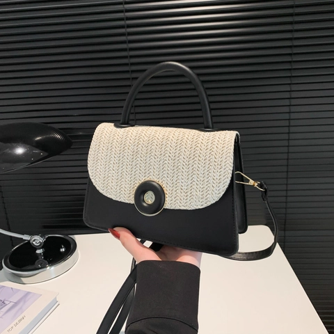 Women Shoulder Bag PU Leather Straw Patchwork Circular Buckle Square Box Handbag Crossbody Casual Fashion For Daily Use