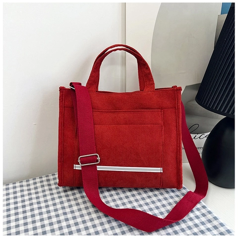Bolso Tote de Pana Vintage para Mujer Color Sólido Bolso de Hombro Con Correa Ajustable Bolsillo Delantero Casual