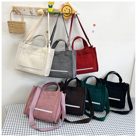 Bolso Tote de Pana Vintage para Mujer Color Sólido Bolso de Hombro Con Correa Ajustable Bolsillo Delantero Casual