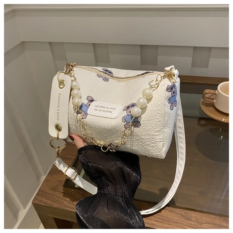 Bolso de Hombro Cilíndrico de Nylon Floral Dulce para Mujer Cadena de Perlas Artificiales Estampado de Oso Bolso Almohada Crossbody Bolso Casual