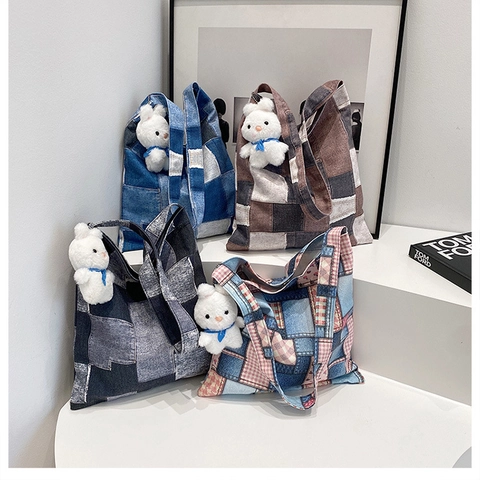 Sac Cabas en Toile Patchwork Vintage Sac à Bandoulière Grande Capacité Décontracté Denim Color Block Sac Seau pour Femme