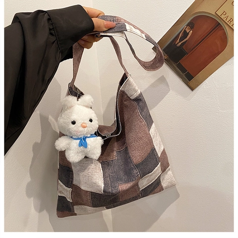 Sac Cabas en Toile Patchwork Vintage Sac à Bandoulière Grande Capacité Décontracté Denim Color Block Sac Seau pour Femme