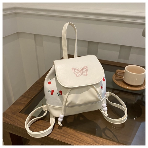Women's Mini Fashion Backpack PU Leather Bucket Bag Sweet Butterfly Embroidery Cherry Strawberry Floral Print Drawstring Backpack