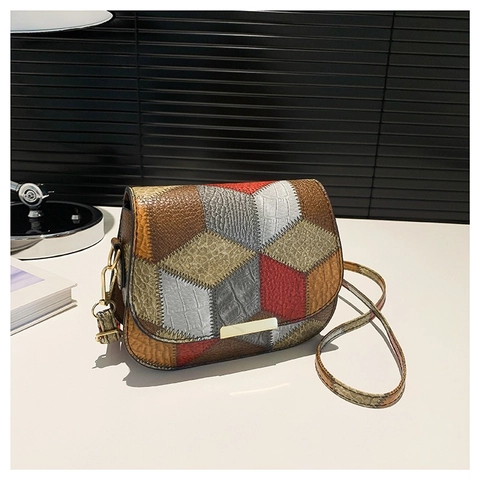 Borsa a Sella Vintage da Donna a Blocchi di Colore in Pelle PU Splicing Geometrico Borsa a Tracolla per la Moda di Strada Quotidiana