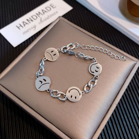 Smiley Face Sad Emoji Bracelet Titanium Steel Streetwear Hip Hop Hollow Round Pendant Jewelry For Men Women