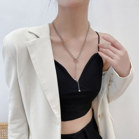 Collier À Glands En Forme De Y En Acier Inoxydable Avec Perles Métalliques Fermoir À Bascule Chaîne Longue Hip Hop
