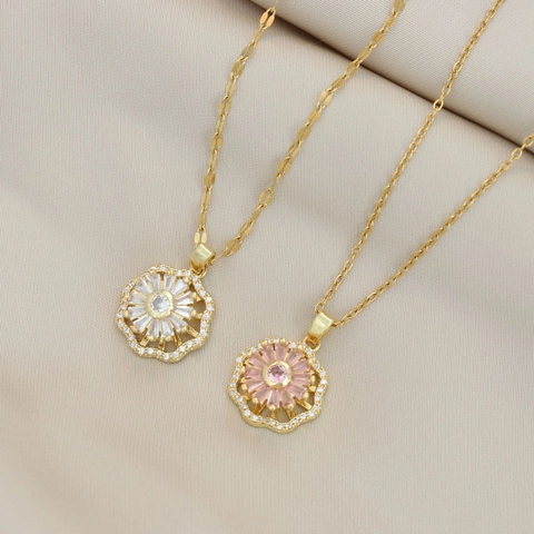 Collana Con Ciondolo A Girasole Rotante Acciaio Al Titanio Placcato Oro Zirconia Forma Di Fiore Gioielli Di Moda