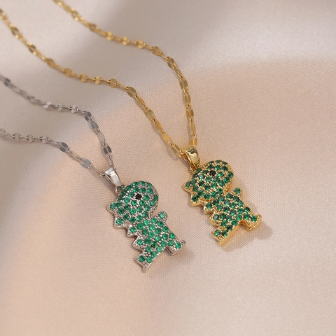 Dinosaur Pendant Necklace Stainless Steel Green Zircon Emerald Inlaid Korean Trendy Niche Design For Women