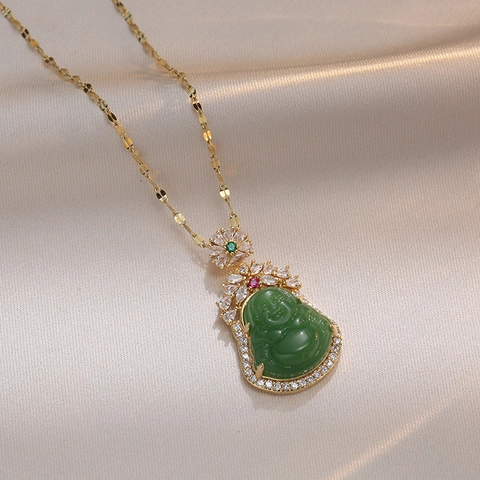 Laughing Buddha Pendant Necklace Titanium Steel Zircon Green Imitation Jade Religious Ethnic Style Jewelry Women