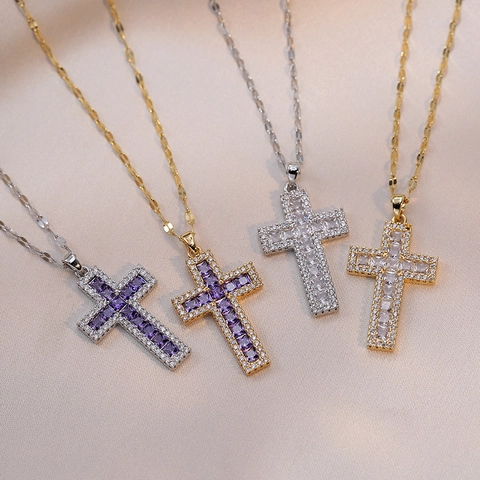 Kruis Hanger Ketting Titanium Staal Koper Micro Pave Vierkante Zirkoon Mode Elegante Sieraden Cadeau Voor Vrouwen Meisjes