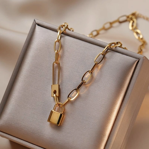 Minimalist Square Lock Pendant Necklace Titanium Steel Double Layer Paperclip Chain Industrial Punk Style For Women