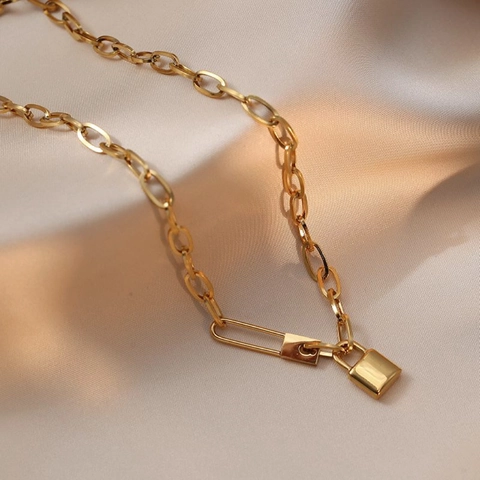 Minimalist Square Lock Pendant Necklace Titanium Steel Double Layer Paperclip Chain Industrial Punk Style For Women