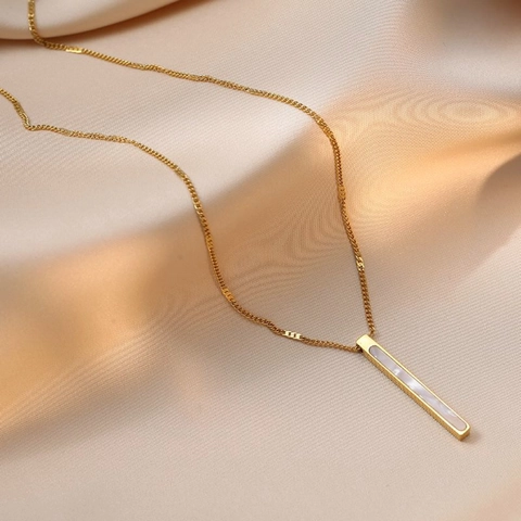 Minimalist Bar Pendant Necklace For Women Titanium Steel Gold Plated With White Shell Inlay Geometric Jewelry