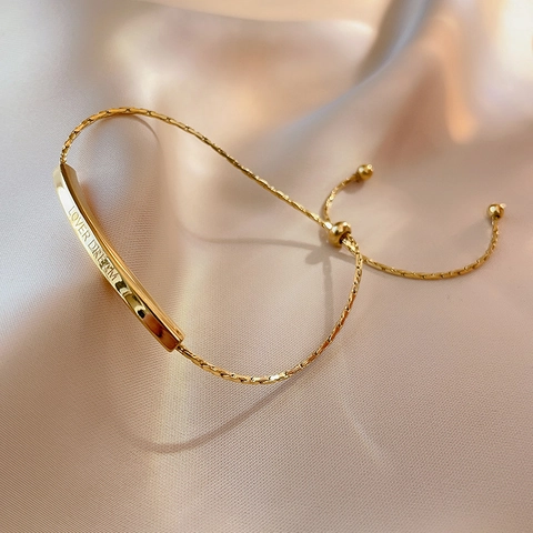 Stainless Steel Bracelet For Women Adjustable Pull String Gold Curved Bar Letter Engraved Lover Dream Minimalist Jewelry