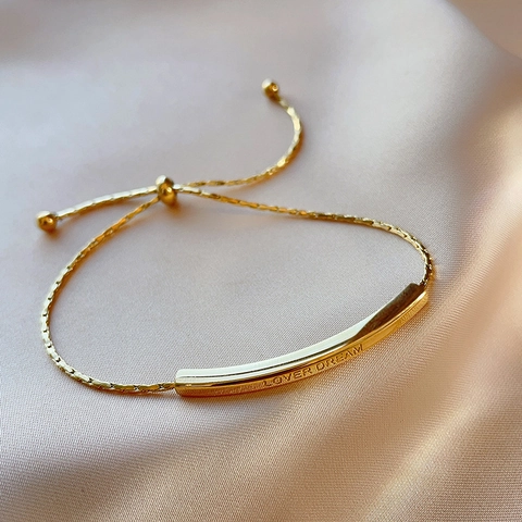 Stainless Steel Bracelet For Women Adjustable Pull String Gold Curved Bar Letter Engraved Lover Dream Minimalist Jewelry