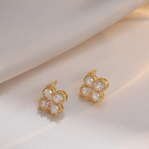 Funkelnde Zirkon Vierblättriges Kleeblatt Ohrstecker Kupfer Vergoldet Filigraner Blumenschmuck Accessoire Für Frauen