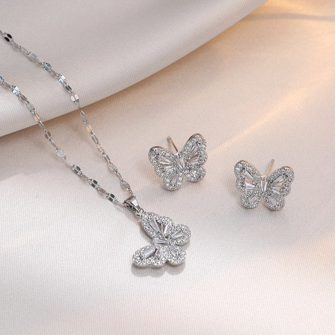 Butterfly Necklace And Earrings Titanium Steel Zircon Shiny Inlaid Pendant Clavicle Chain Jewelry Fashionable For Women
