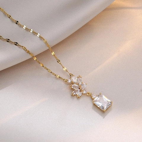 Collana Con Pendente In Zircone Geometrico Acciaio Al Titanio Elegante Grappolo Di Foglie Pietra Rettangolo Gioielli Per Donna