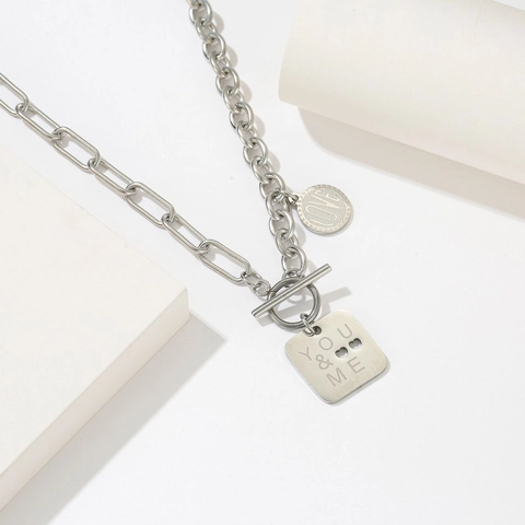 Stainless Steel Necklace For Women Trendy Hip Hop Double Layer Spliced Chain With Square Plate And Coin Pendants