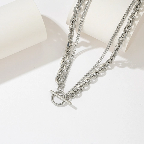 Double Layer Chain Necklace Titanium Stainless Steel OT Buckle Toggle Clasp Punk Hip Hop Industrial Style Women