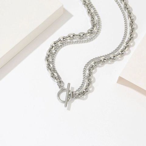 Double Layer Chain Necklace Titanium Stainless Steel OT Buckle Toggle Clasp Punk Hip Hop Industrial Style Women