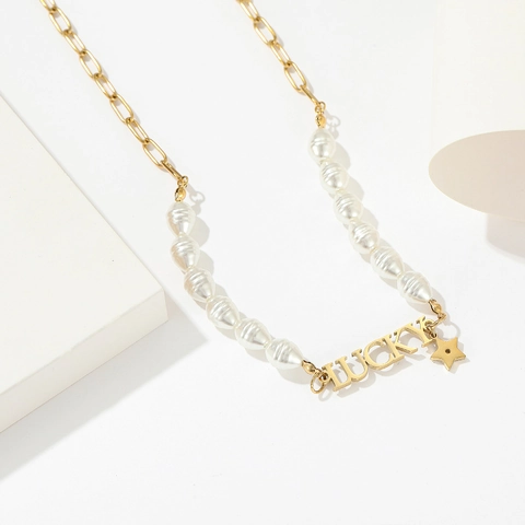 Lucky Buchstaben Anhänger Halskette Künstliche Perlen Edelstahl Büroklammer Kette Stern Charm Damen Mode Schmuck