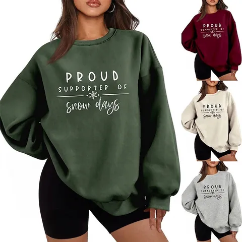 Sweat-Shirt Ample Décontracté Femmes Proud Supporter Of Snow Days Imprimé Graphique Manches Longues Pull Polaire Col Rond Top Hiver