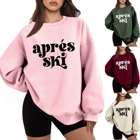 Sudadera Oversized Mujer Mezcla Algodón Forro Polar Pullover Manga Larga Cuello Redondo Apres Ski Impresión Letras Casual Invierno