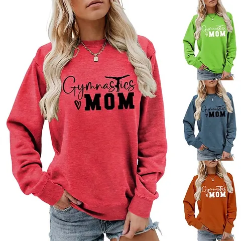 Sweatshirt Col Rond Gymnastics Mom Manches Longues Mélange De Coton Pull Sport Décontracté Haut Graphique Femmes