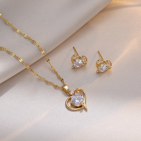Collana Con Ciondolo A Cuore E Orecchini Per Donna Acciaio Inossidabile Zircone Tonalità Oro Gioielli Minimalisti Eleganti