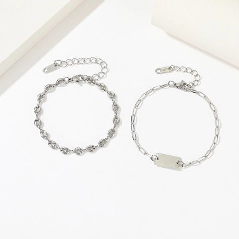 Stainless Steel Coffee Bean Link Chain And Paperclip Chain Bracelet With Rectangular Tag Hip Hop Punk Unisex Silver Color