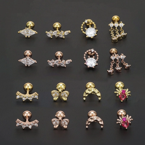Sparkling Zircon Cartilage Stud Earrings Copper Butterfly Moon Geometric Heart Spider Piercing Screw Back Jewelry For Women