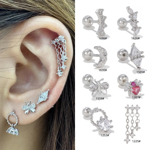 Sparkling Zircon Cartilage Stud Earrings Copper Butterfly Moon Geometric Heart Spider Piercing Screw Back Jewelry For Women