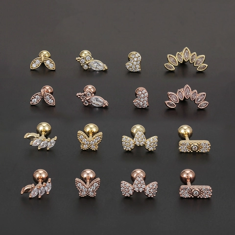 Fashion Copper Zirconia Butterfly Heart Barbell Cartilage Earring Stud Screw Back Gold Silver Rose Gold Women Jewelry