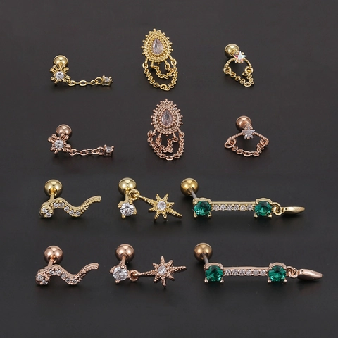 Pendientes de Botón Geométricos de Circonita Con Borla Poste de Acero Inoxidable Piercing Cartílago Joyería Para Mujer